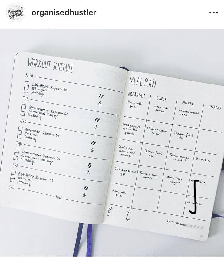 idée bullet journal minimaliste - menu et planner d'entrainement